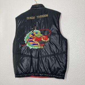 Sergio Valente Vest Mens Large Black Puffer Quilted Dragon Back Embroidered
